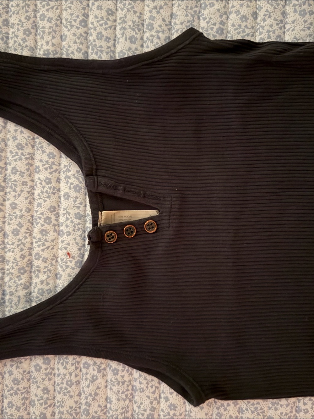 Women's Black Ribbed Tank Top with Button Detail